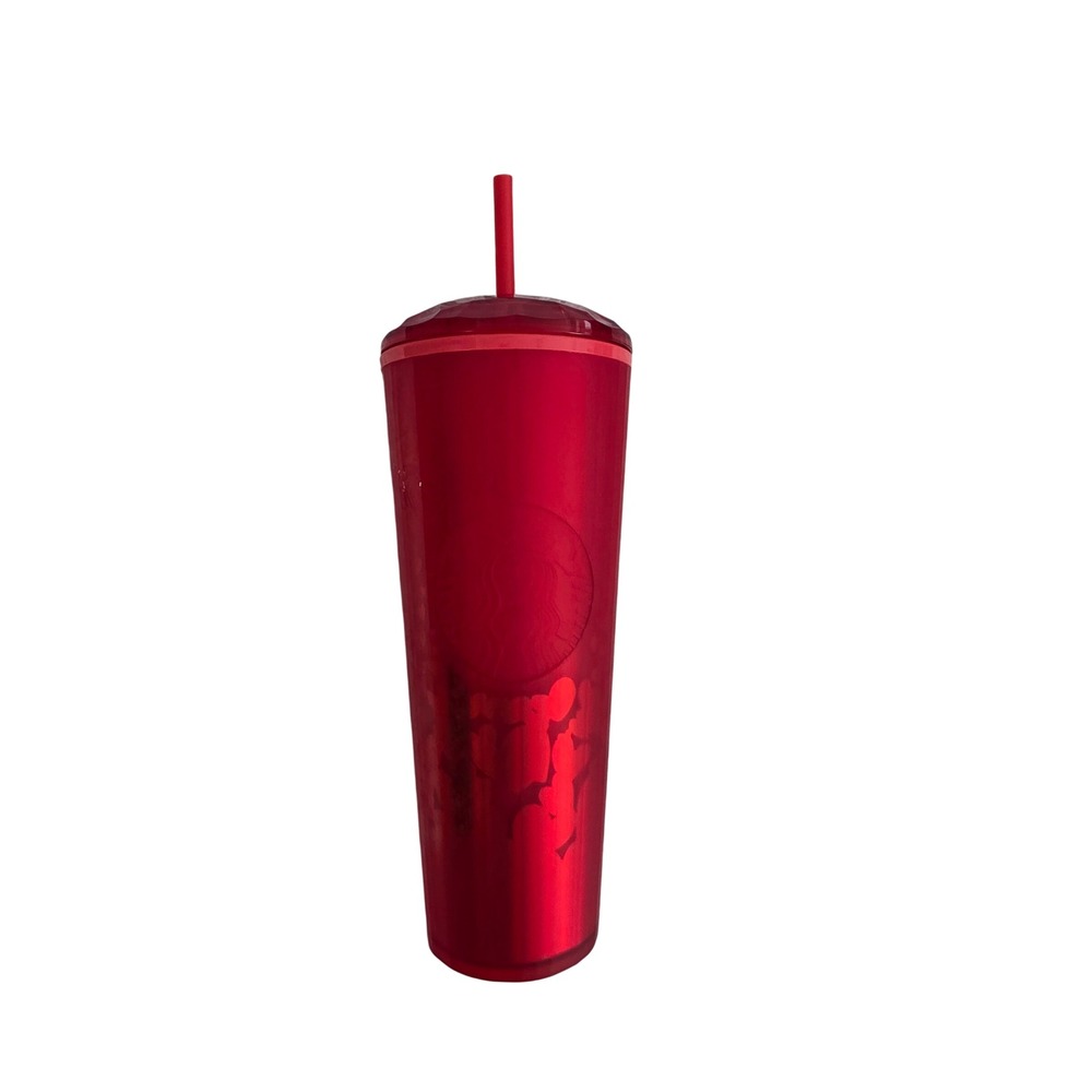 Starbucks Ruby Red Hearts Venti 24oz Cold Cup Tumbler with Faceted Lid and Straw